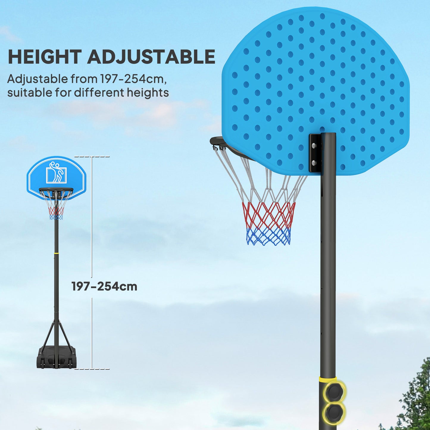 Adjustable Basketball Hoop and Stand, with Wheels and Weight Base, Blue