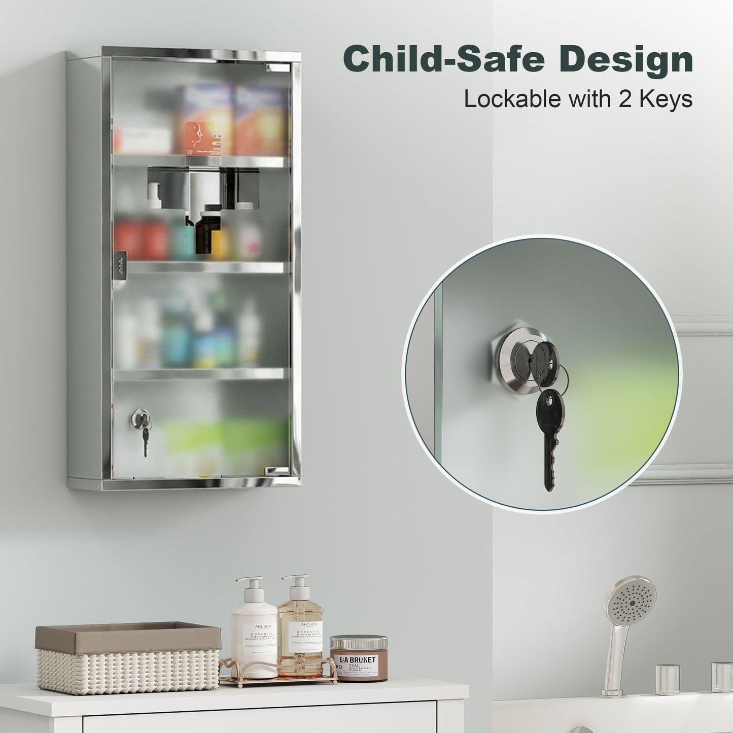 4 Tier Stainless Steel Wall Mounted Medicine Cabinet Glass Lockable Door Storage Shelves Houseware Bathroom Furniture 60Hx30W