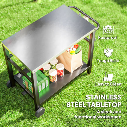 Outdoor Grill Dining Cart 2-Shelf Movable Pizza Oven Table Stand with Stainless Steel Top
