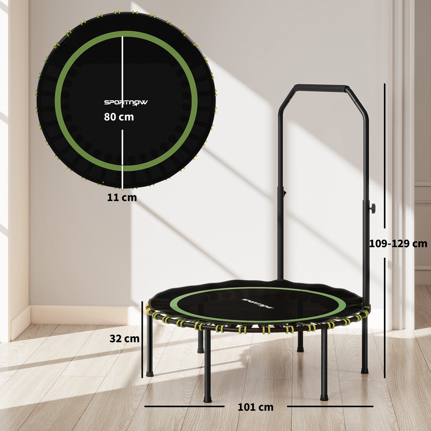 40" Foldable Fitness Trampoline Rebounder with Handle, Green