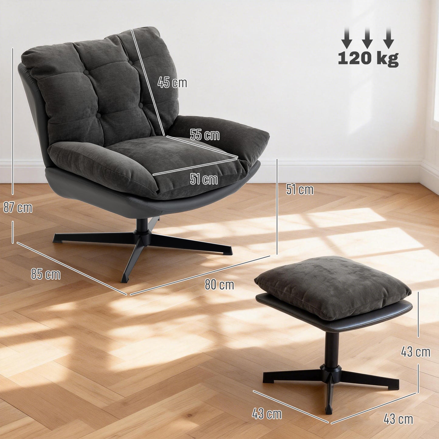 Accent Chair with Footstool, Swivel Lounge Chair with Chenille Upholstery, Metal Base, Dark Grey