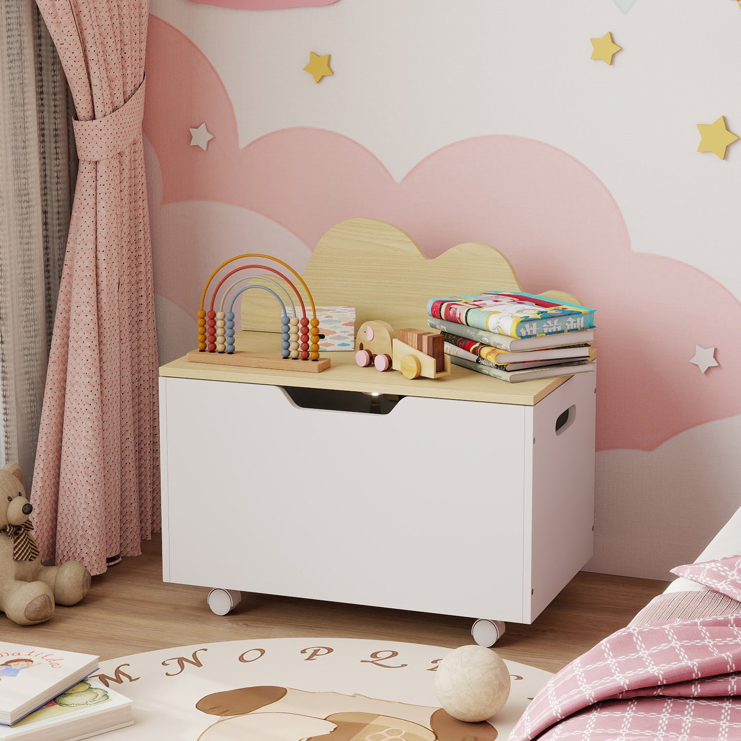 Toy Box with Lid, Toy Chest with Wheels and Safety Hinges, Toddler Storage Organiser for Playroom, Bedroom, White