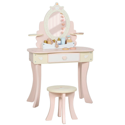 Kids Dressing Table, Girls Vanity Set with Mirror and Stool, 7 Play Accessories, Drawer, Desktop Storage, Pink