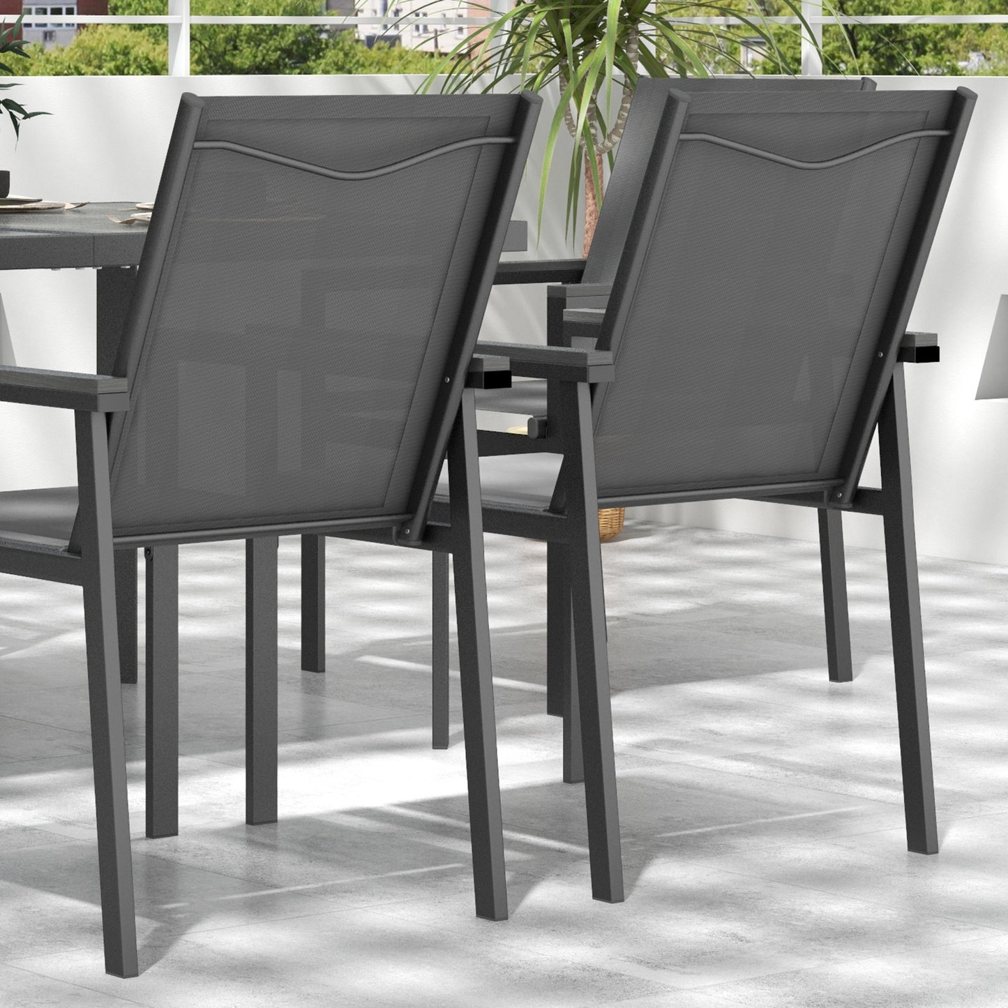 Seven-Piece Metal Dining Set with Glass-Top Table and Texteline Chairs - Grey