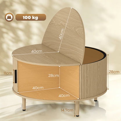 Coffee Table with Lift Top and Hidden Storage, Round Centre Table with Fluted Sliding Door, 80 cm, Natural Wood