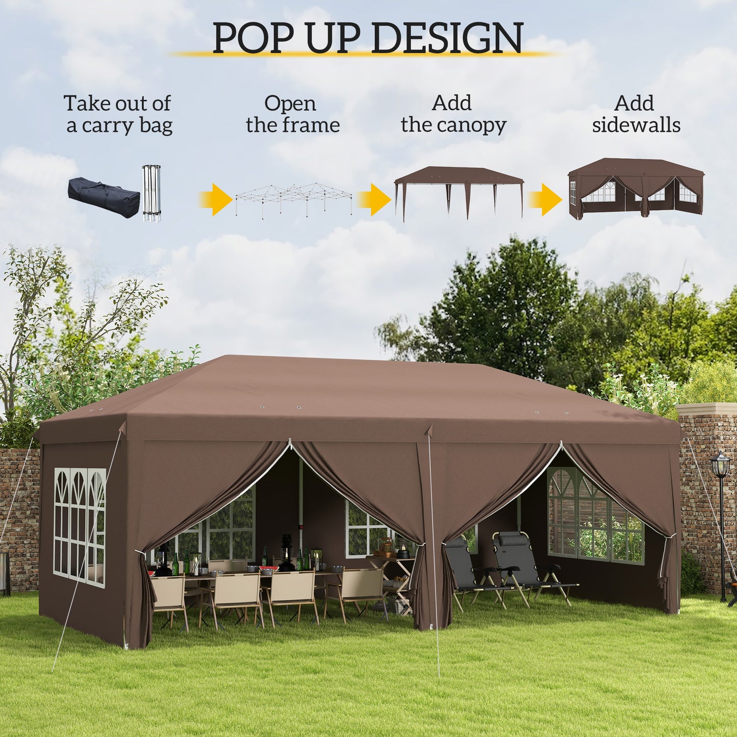 3 x 6 m Pop Up Gazebo with Sides and Windows, Height Adjustable Wedding Camping Party Tent Canopy Marquee with Storage Bag fo