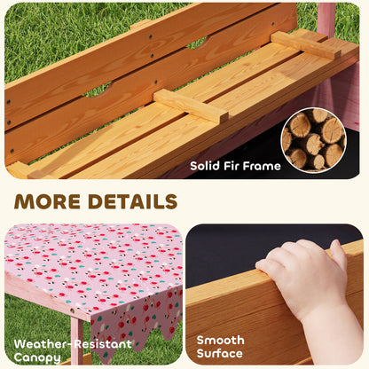 Wooden Sandbox with Lid, Flamingos Print Canopy, Kids Outdoor Sand Pit with Foldable Bench Seats, Bottom Liner, Pink