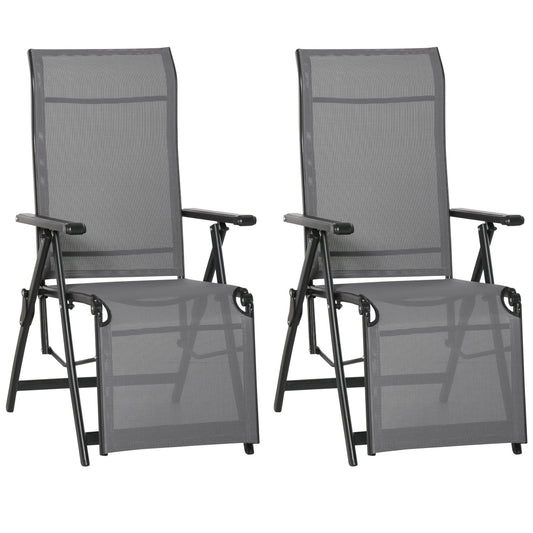 Set of 2 Outdoor Sun Lounger 10-Position Adjustable Texteline Folding Reclining Chairs with Footrest for Patio Garden, Grey
