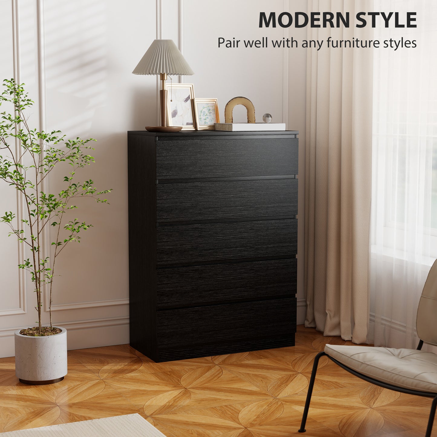 Chest of Drawers, 5 Drawer Dresser, Modern Storage Cabinet with 5 Drawers, for Bedroom, Living Room, Black