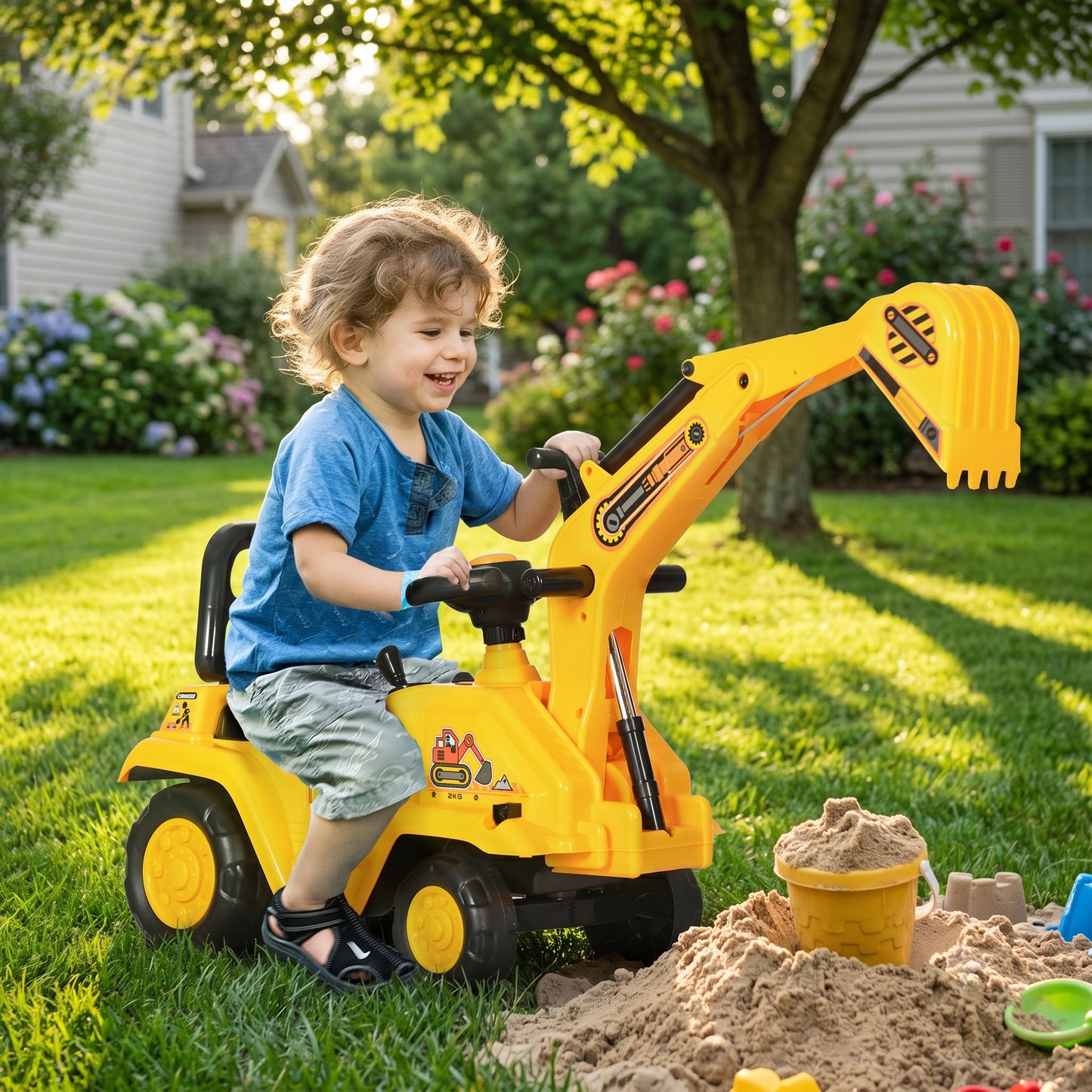 2 in 1 Kids Ride On Tractor Pull Cart with Bucket, Under Seat Storage, Horn, High Backrest, for 1.5-4 Years Old, Yellow