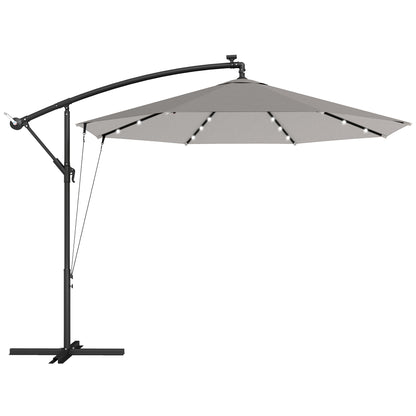 3 m Cantilever Parasol with Solar LED Lights Garden Umbrella with Cross Base, Light Grey