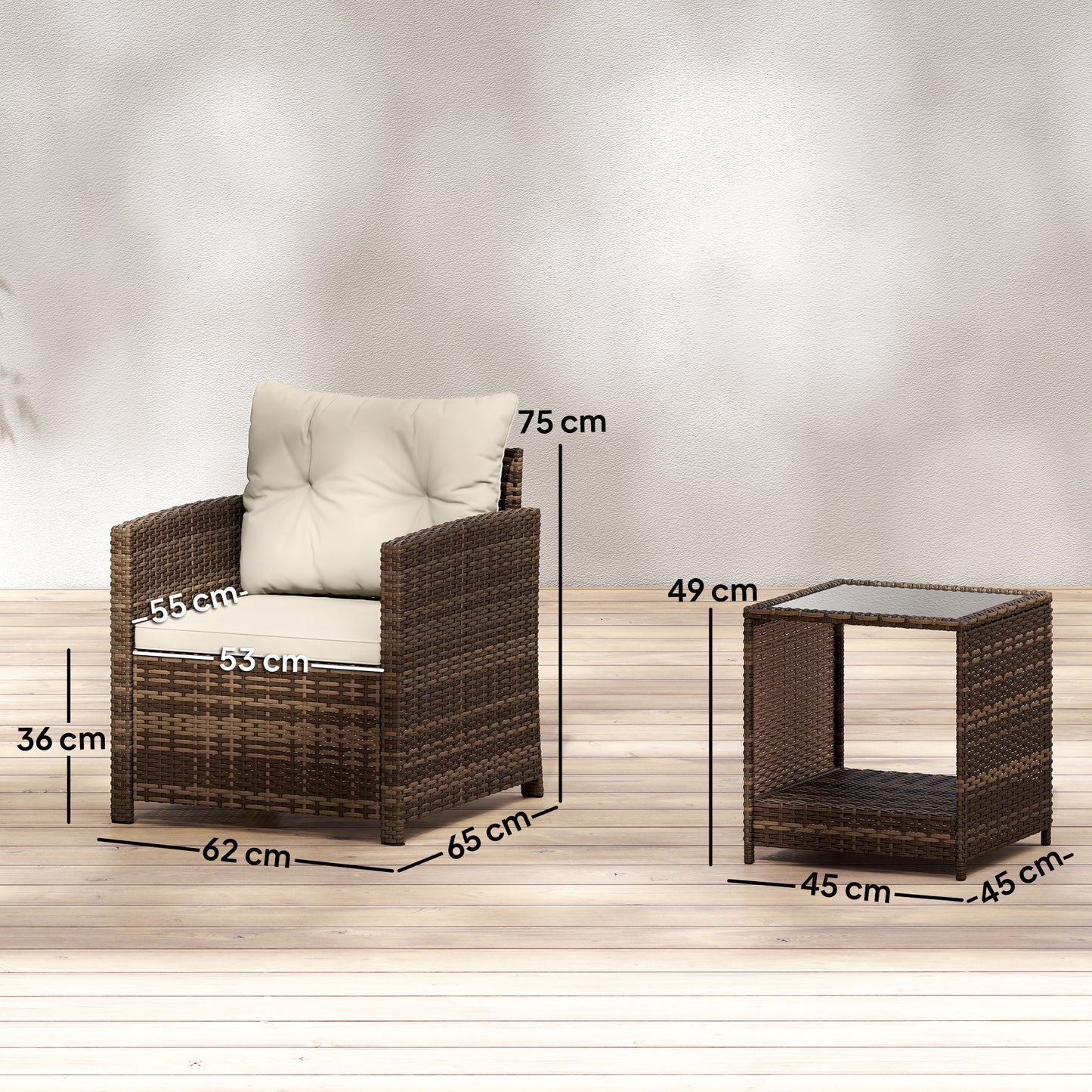 Rattan Bistro Set, 3 Piece Garden Furniture Set with 2 Tier Glass Top Table and Cushions, Mixed Brown