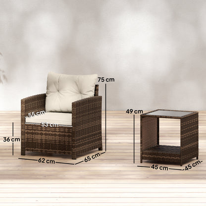Rattan Bistro Set, 3 Piece Garden Furniture Set with 2 Tier Glass Top Table and Cushions, Mixed Brown