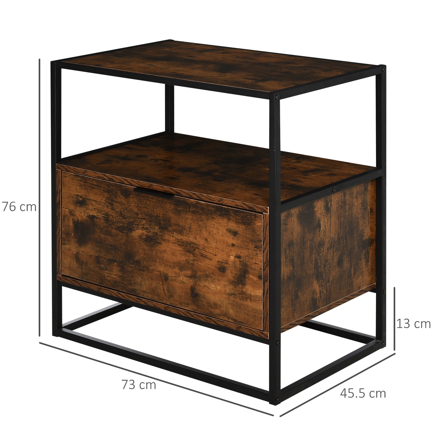 Industrial-Style Side Table w/ Drawer Open Shelf Steel Frame Large Base Two-Tone Retro Stylish Home Furniture Bedroom Living
