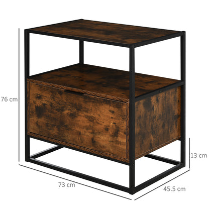 Industrial-Style Side Table w/ Drawer Open Shelf Steel Frame Large Base Two-Tone Retro Stylish Home Furniture Bedroom Living