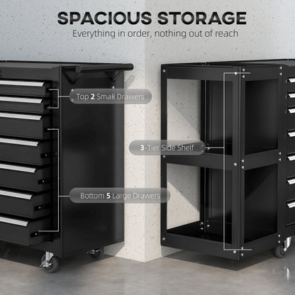 Lockable Steel Tool Chest on Wheels, 7 Drawer Tool Box with Handle for Workshop, Garage, Black