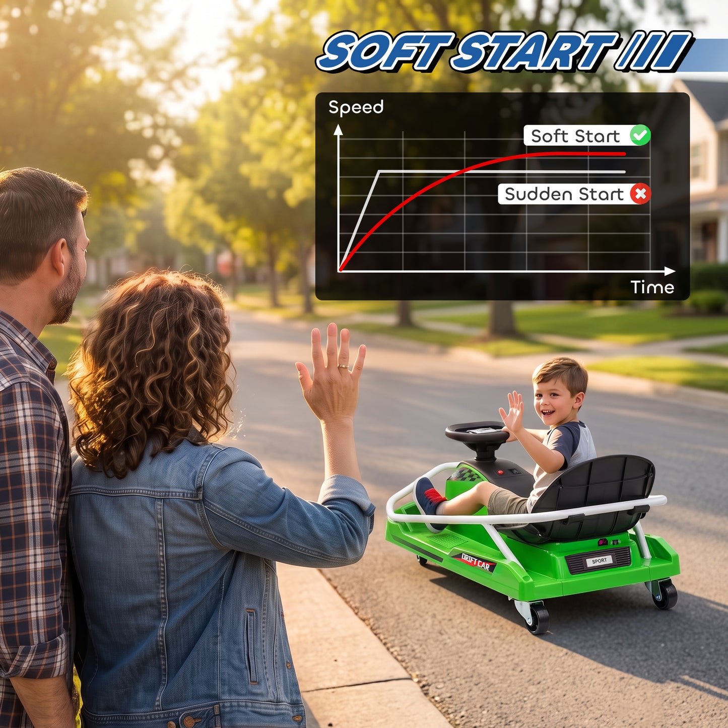 24V Electric Go Kart for Kids with Drift Mode, 300W Brushless Motor, Soft Start and Dual Speed for Ages 6-10, Green