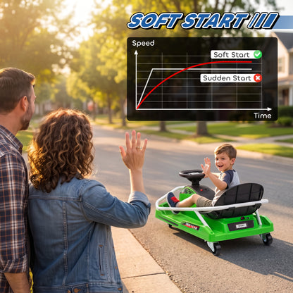 24V Electric Go Kart for Kids with Drift Mode, 300W Brushless Motor, Soft Start and Dual Speed for Ages 6-10, Green