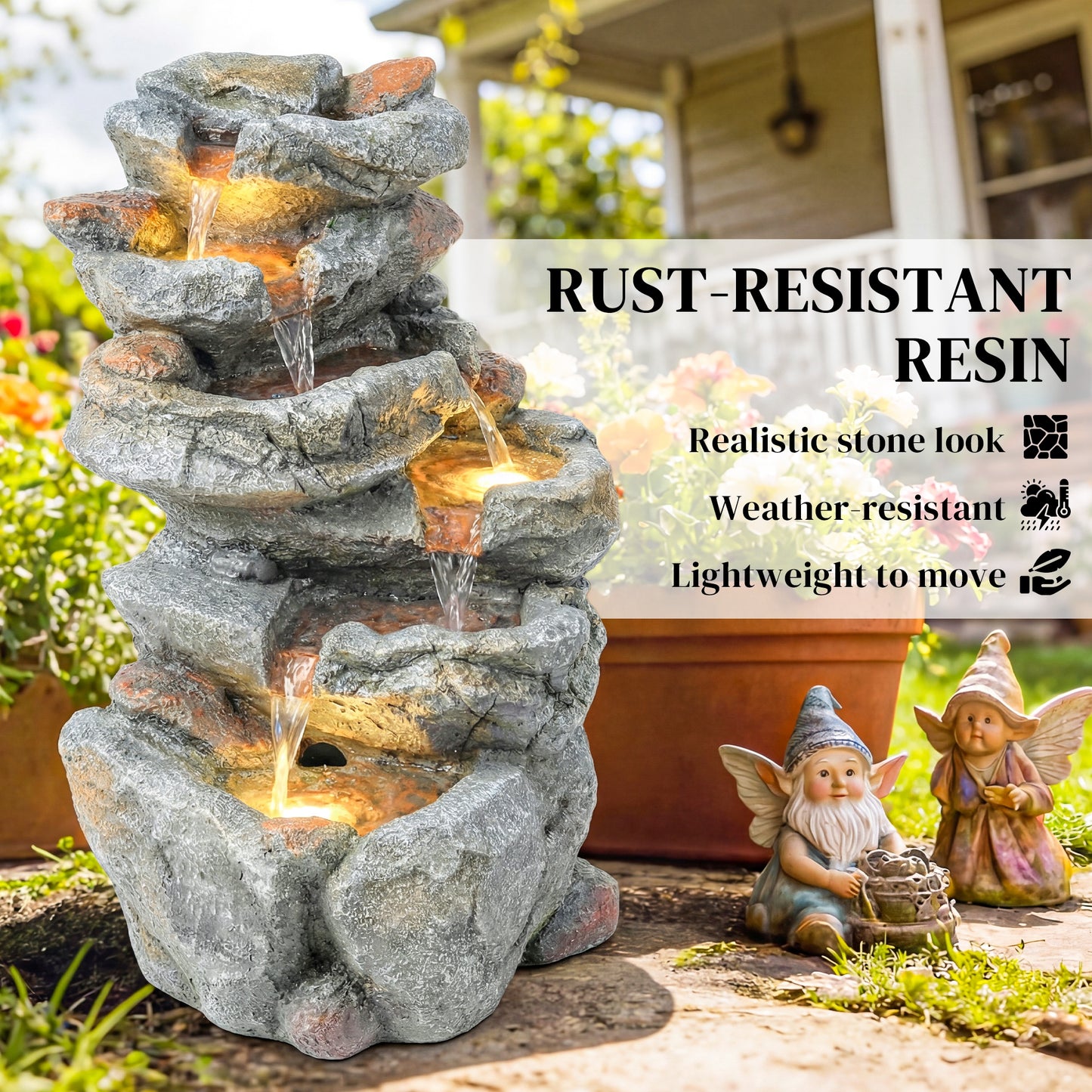 Outdoor Water Fountain with 6-Tier Rock Style, Cascading Waterfall Feature with LED Lights, Adjustable Flow, Grey