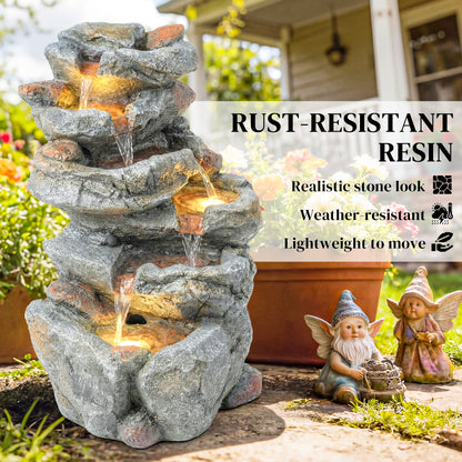 Outdoor Water Fountain with 6-Tier Rock Style, Cascading Waterfall Feature with LED Lights, Adjustable Flow, Grey