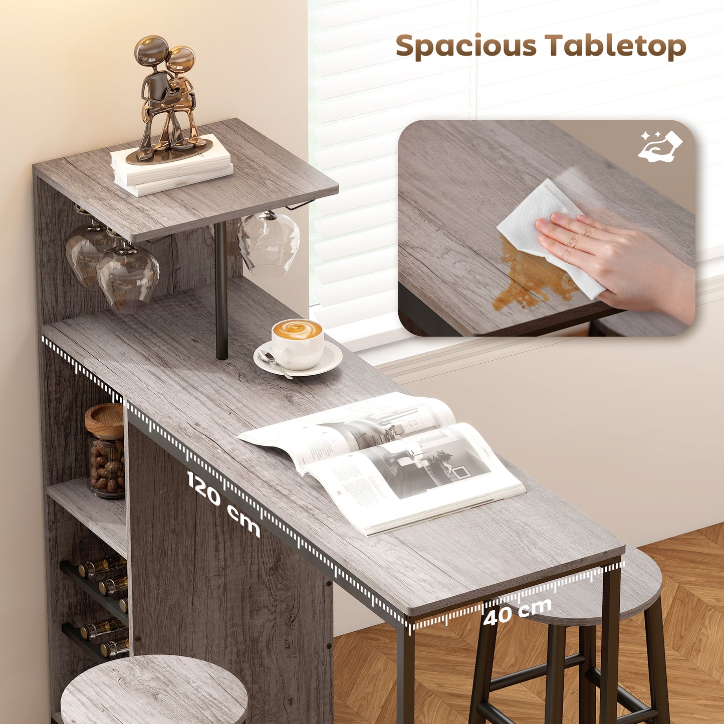 3 Pieces Dining Room Set, 2 Round Stools with Footrest, 6-Tier Dining Table with Storage Shelves, Natural