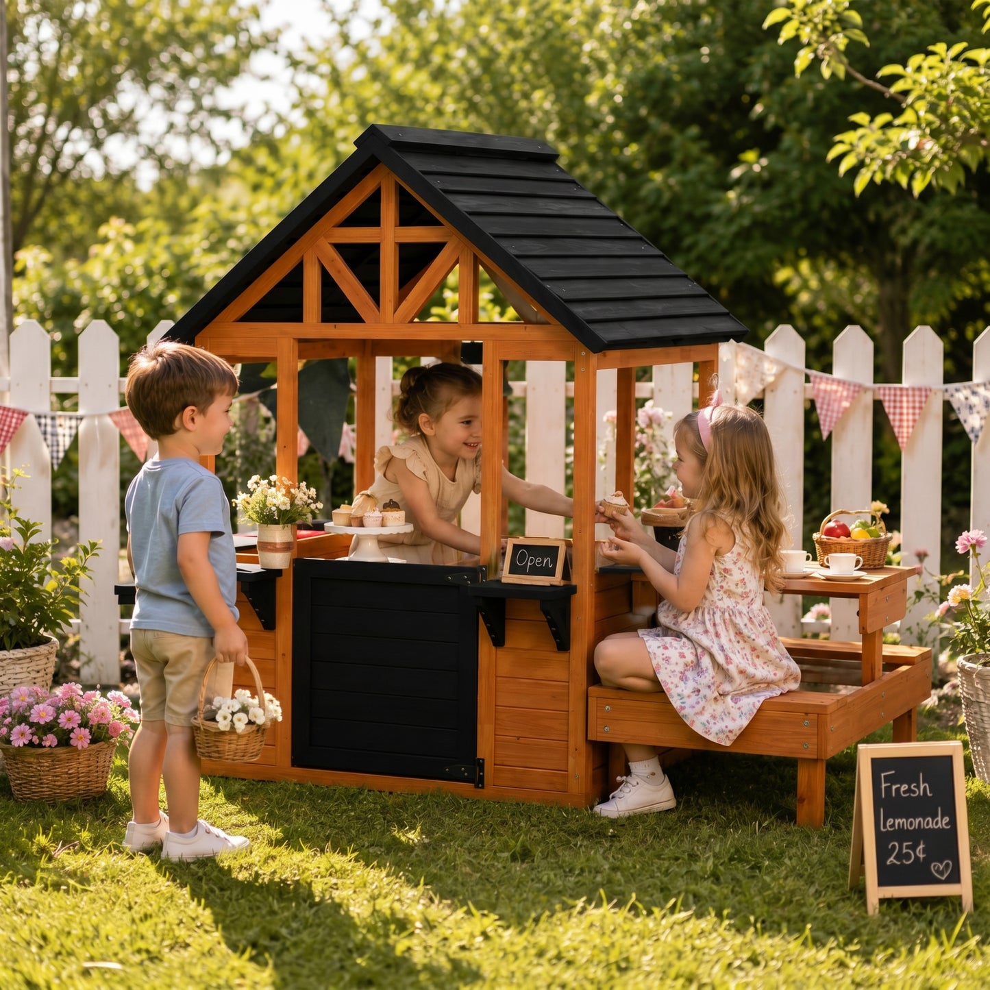 Wooden Playhouse Playhouse for Kids with Table, Benches, Sink Table, Windows, Flowerpot Holders, for Ages 3-8, Brown