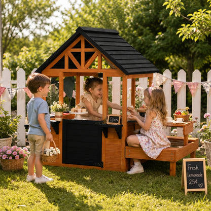 Wooden Playhouse Playhouse for Kids with Table, Benches, Sink Table, Windows, Flowerpot Holders, for Ages 3-8, Brown