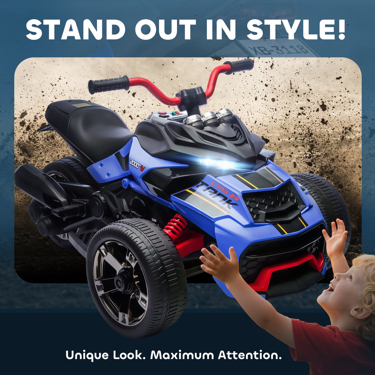 12V Kids Electric Ride On Car with 3 Wheeler, MP3 Player, Horn, 2 Speeds, LED Lights for Boys & Girls Ages 3-8, Blue