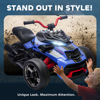 12V Kids Electric Ride On Car with 3 Wheeler, MP3 Player, Horn, 2 Speeds, LED Lights for Boys & Girls Ages 3-8, Blue