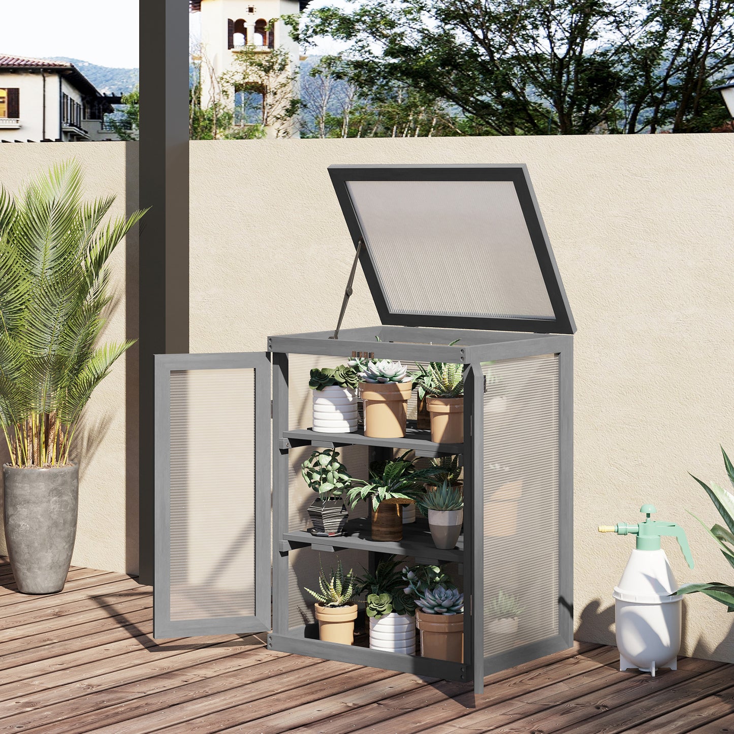 3-tier Wood Greenhouse Garden Polycarbonate Cold Frame Grow House w/ Storage Shelf, Dark Grey