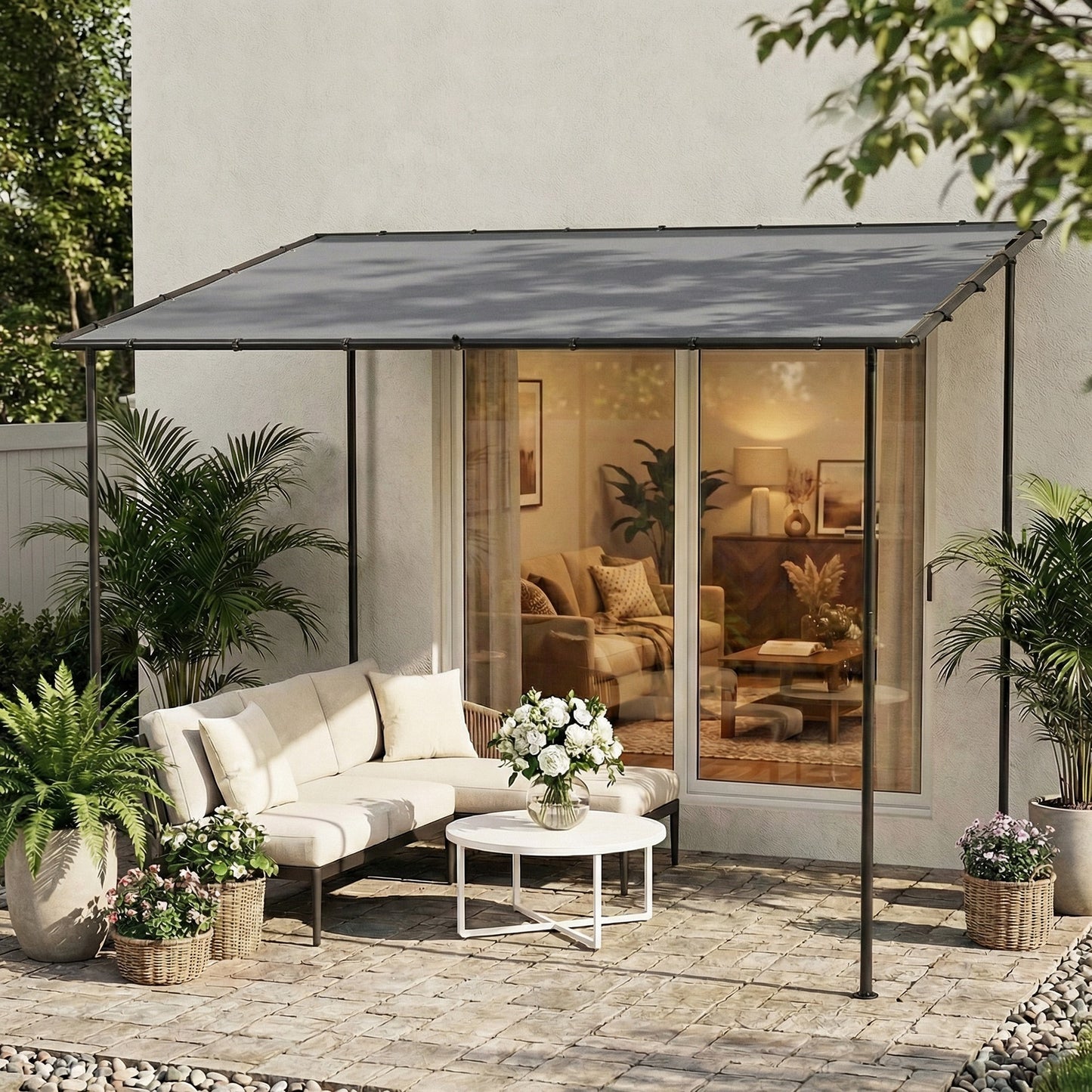 3 x 2 m Lean to Garden Pergola, Metal Frame Gazebo Pergola with UPF30+ Protection, Sloped Roof, Drainage Holes, Grey
