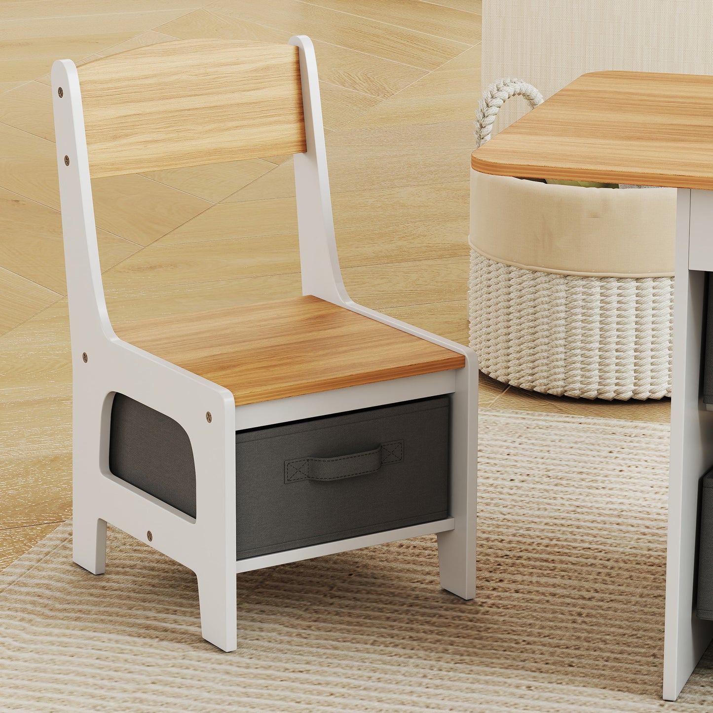 Kids Table and Chair Set, Toddler Table and 2 Chairs Set with 6 Removable Drawers, for Boys Girls Ages 3-8, Natural