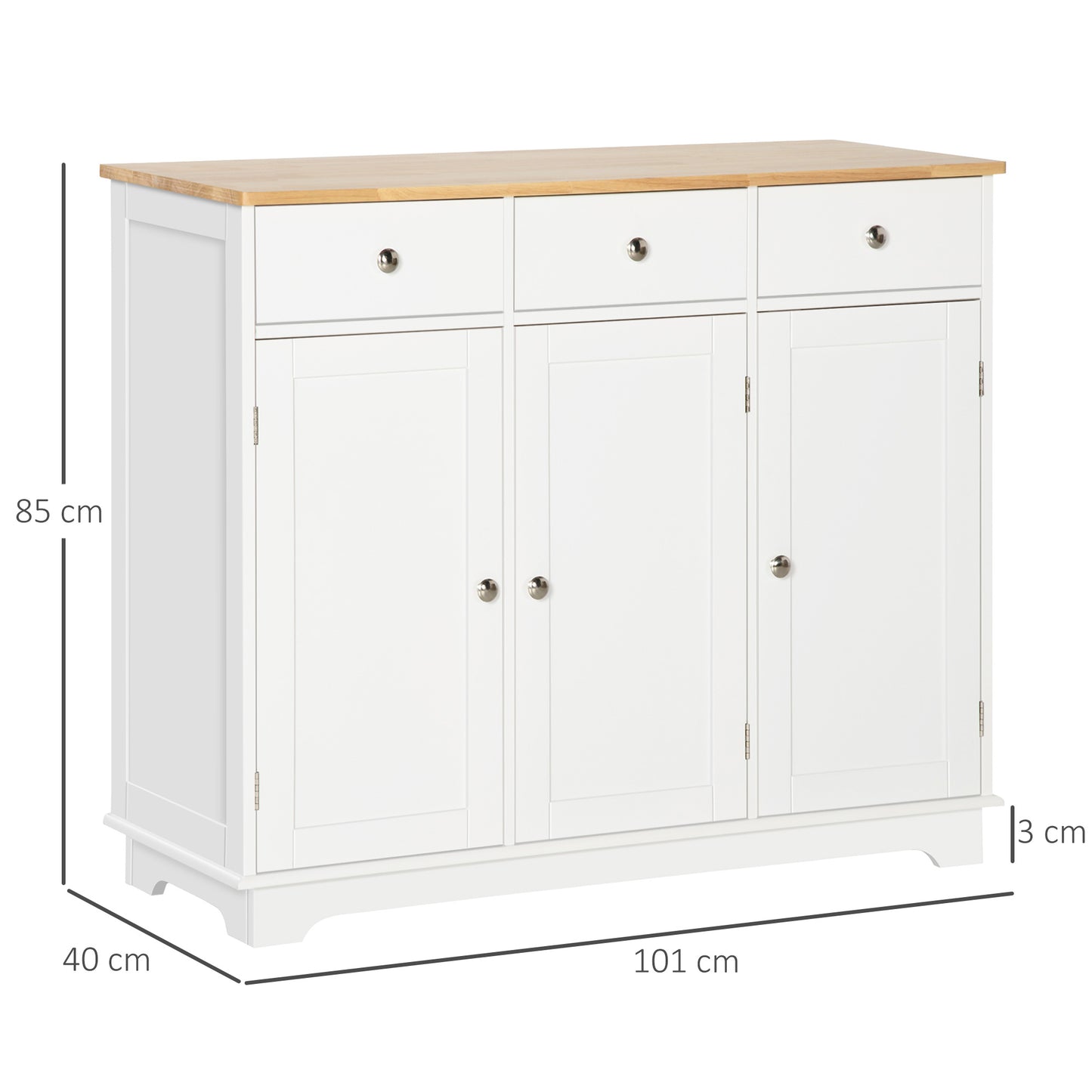 Sideboard with Rubber Wood Top, Modern Storage Cabinet with 3 Adjustable Shelves, White