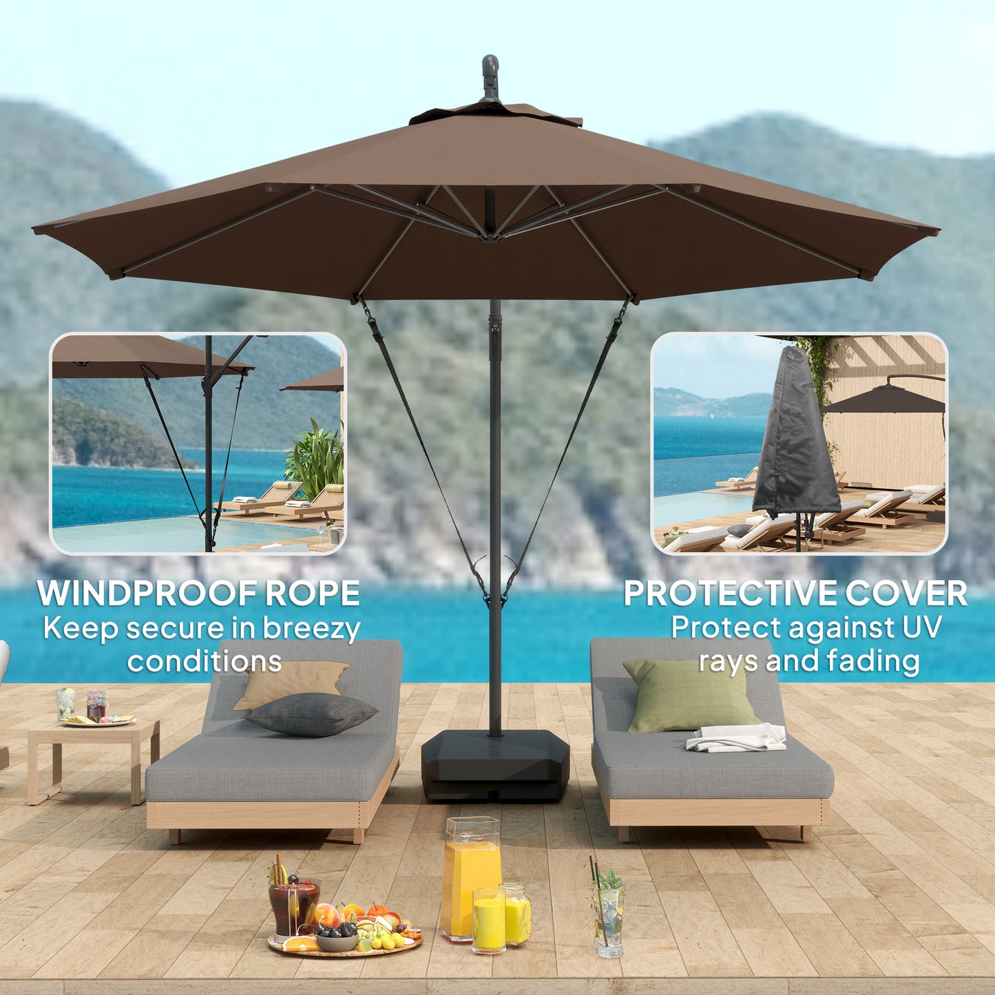 3(m) Garden Cantilever Parasol with Fillable Base up to 90kg, Wind Protection Strap, Cover