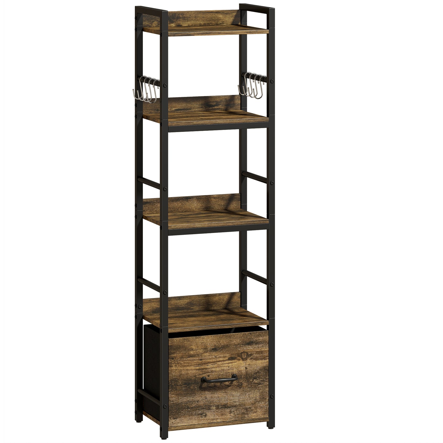 4-Tier Bookshelf, Narrow Bookcase with Drawer, 8 Hooks, Metal Frame, Rustic Brown