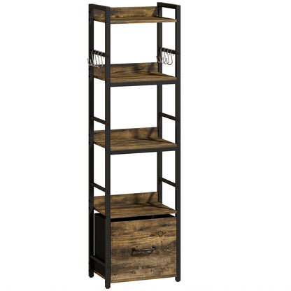 4-Tier Bookshelf, Narrow Bookcase with Drawer, 8 Hooks, Metal Frame, Rustic Brown