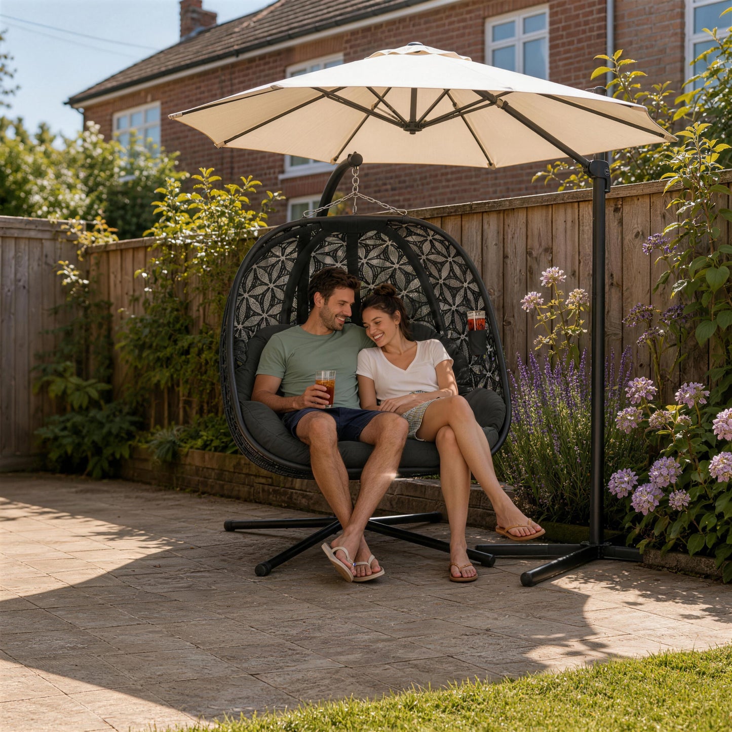 Outdoor Double Hanging Chair with Cushion and Cup Holders, Charcoal Grey