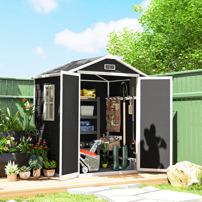 6'x4.5' Garden Storage Shed, Lockable Garden Shed with Double Doors, Window, Vent and Plastic Roof, Black