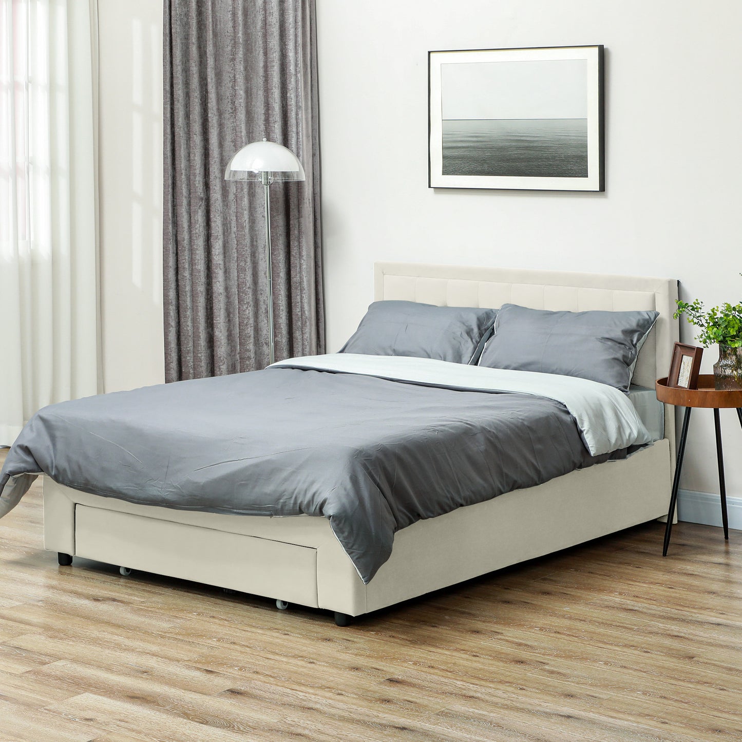 4ft6 Double Ottoman Bed Frame, with Front Drawer - Cream