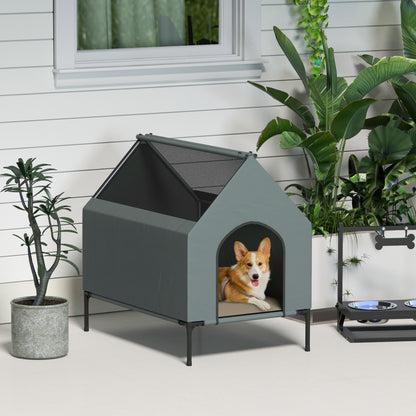Dog House Outdoor Elevated Dog Bed with Removable Cover, Mesh Windows, Storage Bag, for S and M-Sized Dogs, Grey