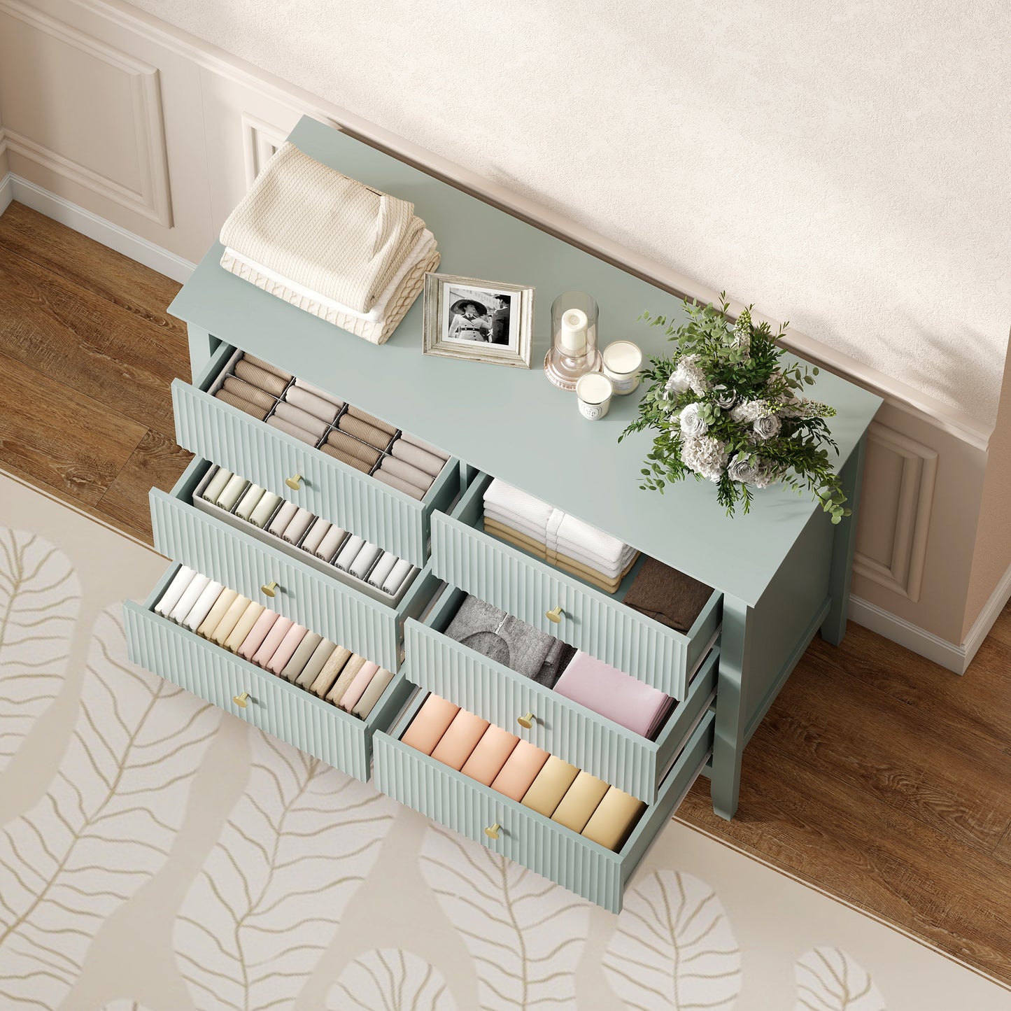 Fluted Dresser, 6 Drawer Chest of Drawers for Bedroom, Living Room, Hallway, Closet, Green