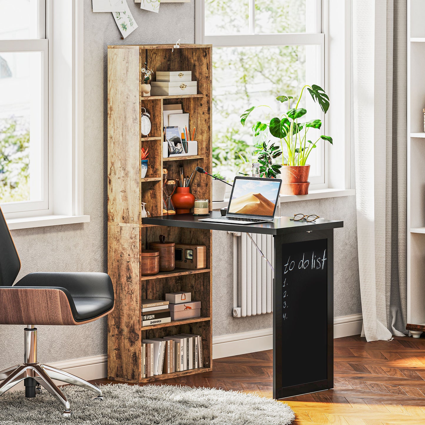Folding Desk with Blackboard Multi-function Computer Office Workstation Side Shelf for Home Office, Rustic Brown