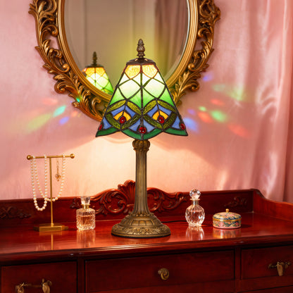 Tiffany-Style Table Lamp with Geometric Patterns, Handcrafted Antique Stained Glass Bedside Lamp for Living Room and Bedroom