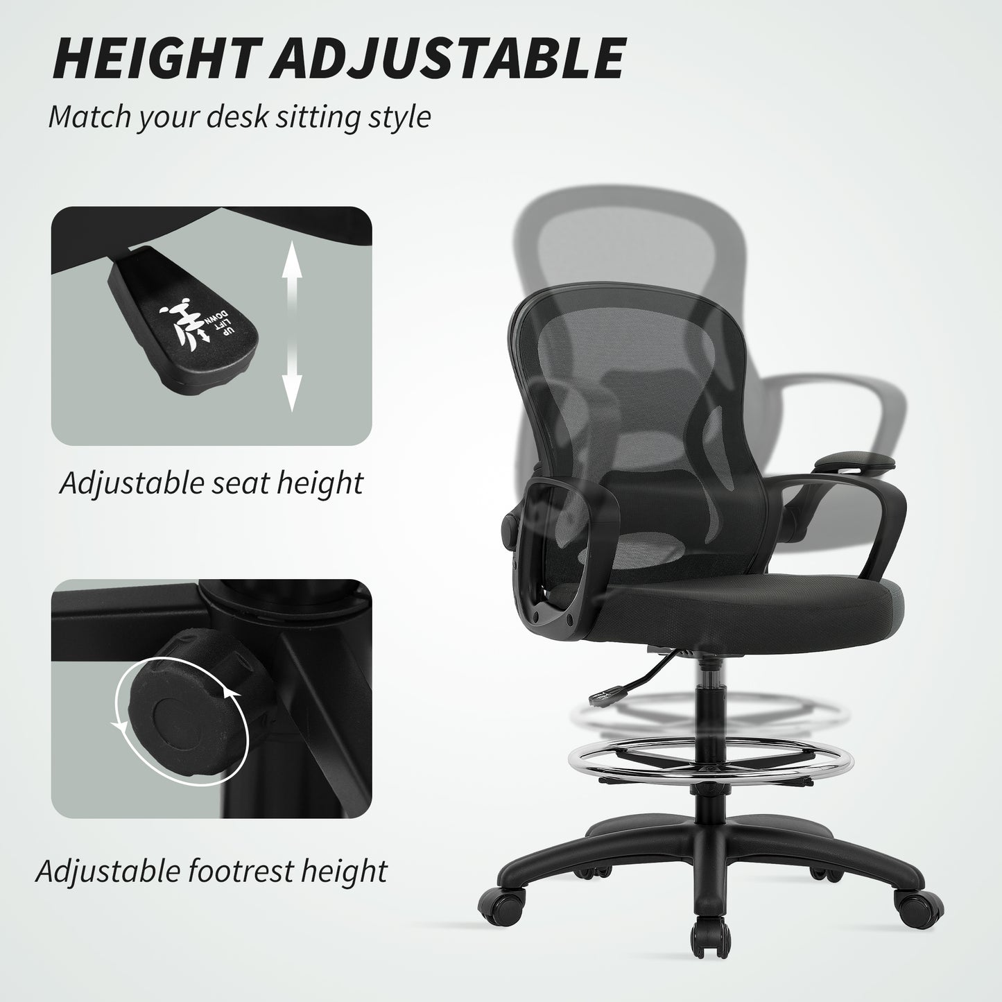 Drafting Chair with Adjustable Footrest, Ergonomic Mesh Office Chair with Lumbar Support
