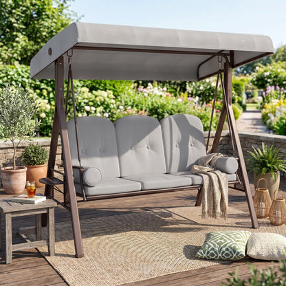 3 Seater Canopy Swing Chair, Outdoor Garden Swing Seat with Adjustable Canopy, Cushions and Cup Trays, Steel Frame