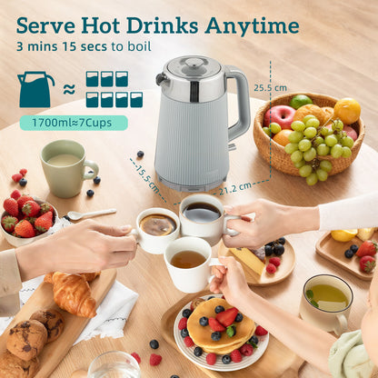 Electric Stainless Steel Kettle and Toaster Set, 3000W 1.7L UK Strix Thermostat Fast Boil Kettle w/ Limescale Filter