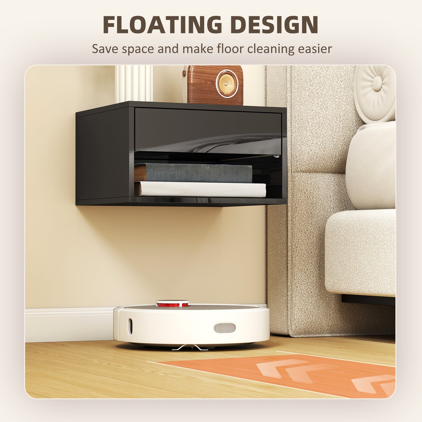 Floating Bedside Tables Set of 2, Wall Mounted Nightstand, High Gloss Black