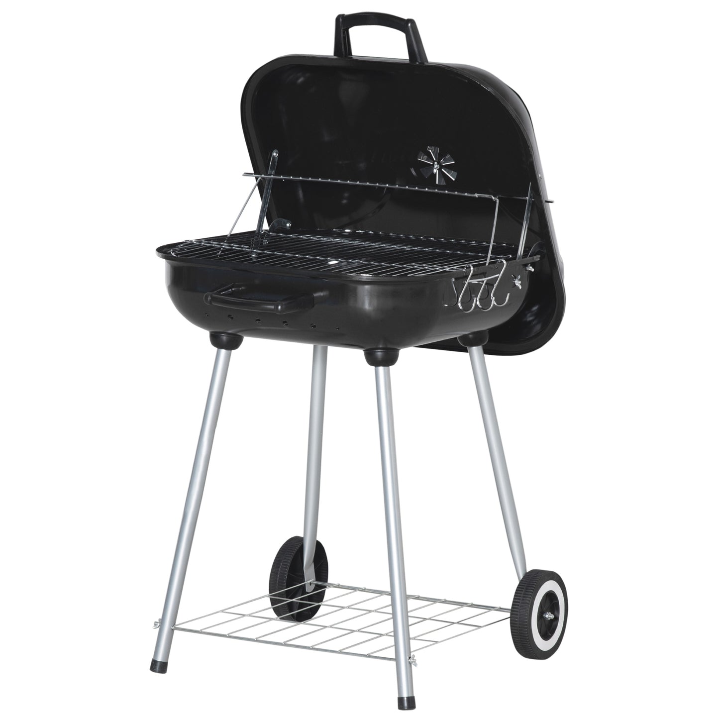 Portable BBQ Charcoal Grill with 2 Wheels and Cooking Utensils, Smoker Grill with Lid for Outdoor Barbecues, Camping, Picnic