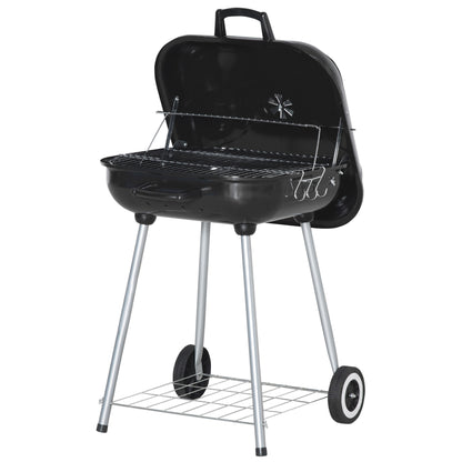 Portable BBQ Charcoal Grill with 2 Wheels and Cooking Utensils, Smoker Grill with Lid for Outdoor Barbecues, Camping, Picnic