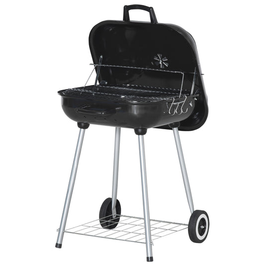 Portable BBQ Charcoal Grill with 2 Wheels and Cooking Utensils, Smoker Grill with Lid for Outdoor Barbecues, Camping, Picnic